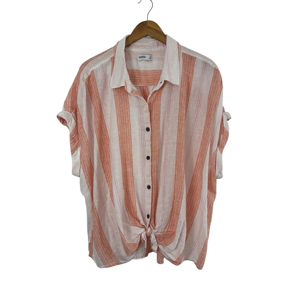 Sonoma Striped Tie Front Top Womens 3X Linen Rayon Comfort Beachy Resort Casual